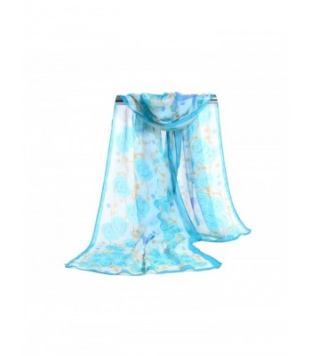 E-Clover Lightweight Chiffon Sheer Scarves: Women's Pretty Rose Print Scarf - Blue02 - CL182Q2L8EL