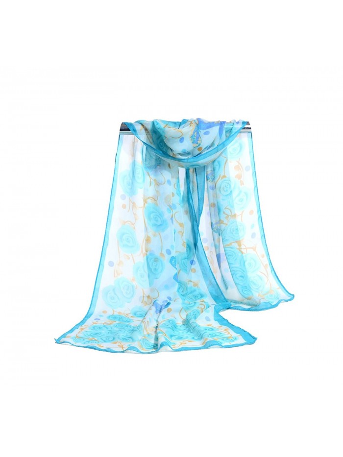 E-Clover Lightweight Chiffon Sheer Scarves: Women's Pretty Rose Print Scarf - Blue02 - CL182Q2L8EL