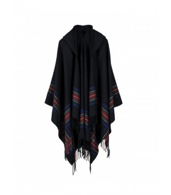 Engood Women's Floral Printed Wool Hooded Tassel Poncho Cape Pashmina Cardigans Sweater Coat - Black - CD186DOCUZ5