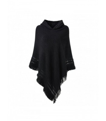 Sefilko Womens Knitted Hooded Poncho Tops Shawl Cape Batwing Blouse With Fringed Sides For Lady - Black - CF186W0AZ9S