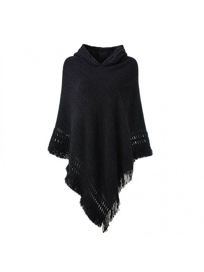 Sefilko Womens Knitted Hooded Poncho Tops Shawl Cape Batwing Blouse With Fringed Sides For Lady - Black - CF186W0AZ9S