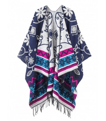 Women's Fashionable Retro Style Vintage Pattern Tassel Poncho Shawl Cape - Navy Blue - CY12MZAQ0CI