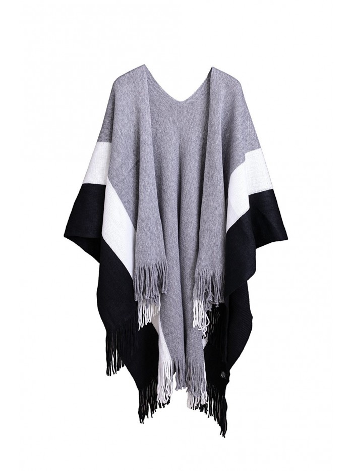 La Carrie Winter Fringe Poncho - Plus Size Knit Shawl Wrap Cardigan Cape Scarf for Women - White - CY18646DOZR