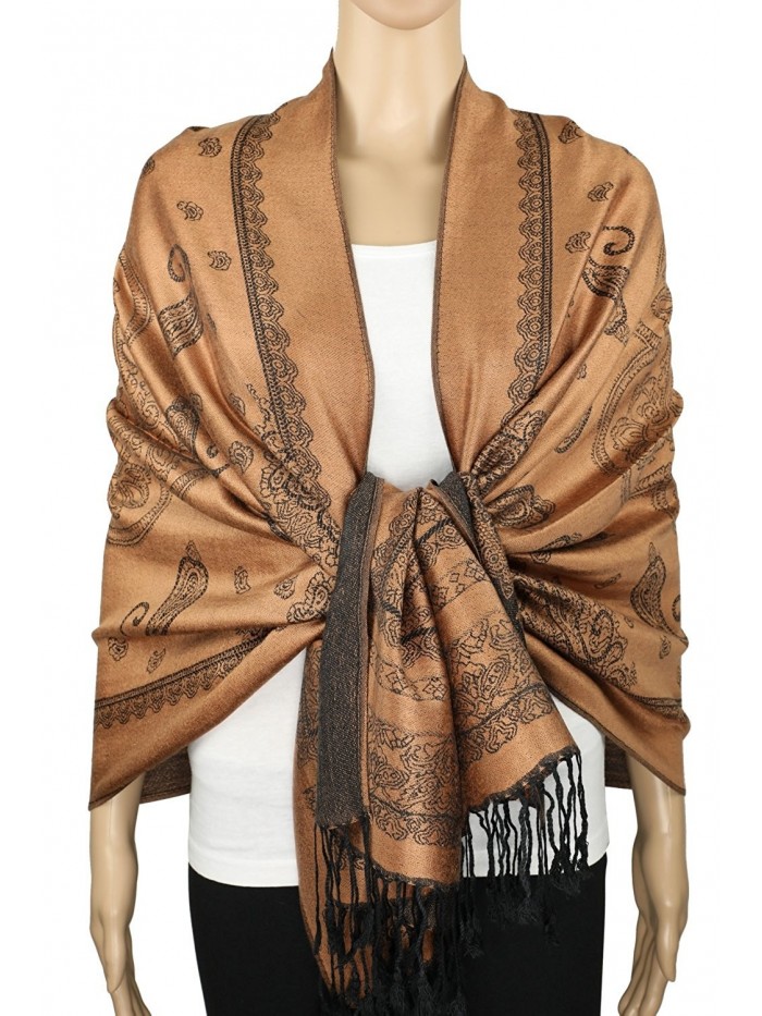 Achillea Elegant Reversible Paisley Pashmina Scarf Wrap Shawl for Evening Dress - Camel/Black - C51865KR23T
