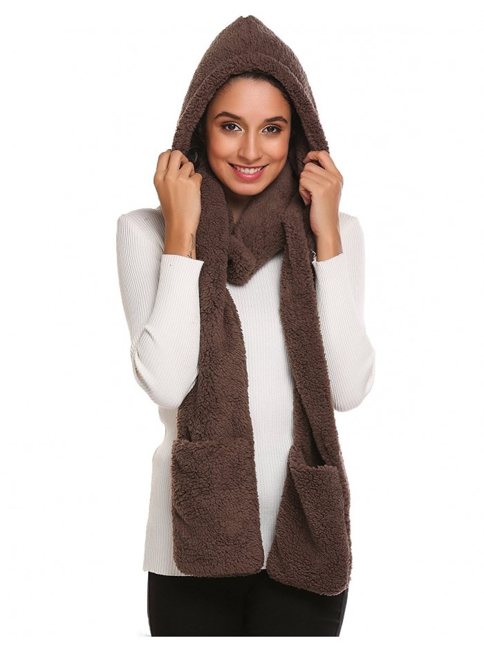 Chigant Womens Soft Winter Thick Warm Fleece Long Hooded Scarf with Gloves - Coffe - CD188R0IRO2