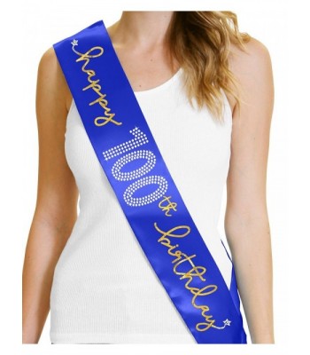 100th Birthday Party Supplies Happy 100th Birthday Sash by RhinestoneSash.com - Blue (Metallic Gold Graphic) - CI12OCBZQ42