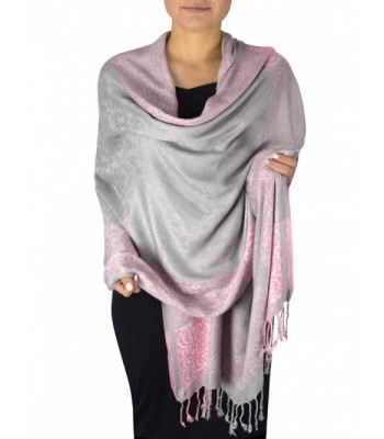 Peach Couture Exclusive Paisley Floral Border Reversible Pashmina Wrap Shawl - Pink and Grey - CP1295P5PM5