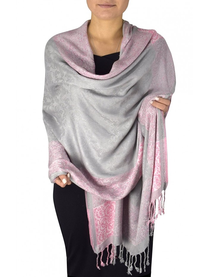 Peach Couture Exclusive Paisley Floral Border Reversible Pashmina Wrap Shawl - Pink and Grey - CP1295P5PM5