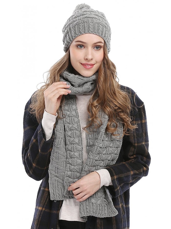 Women Fashion Winter Warm Knitted Scarf and Hat Set Skullcaps - Grey_style - C412O0D953M