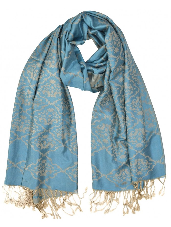 Peach Couture Damask Quatrefoil Pashmina Jacquard Shawl Scarf Wraps - Teal - CZ186RNH033