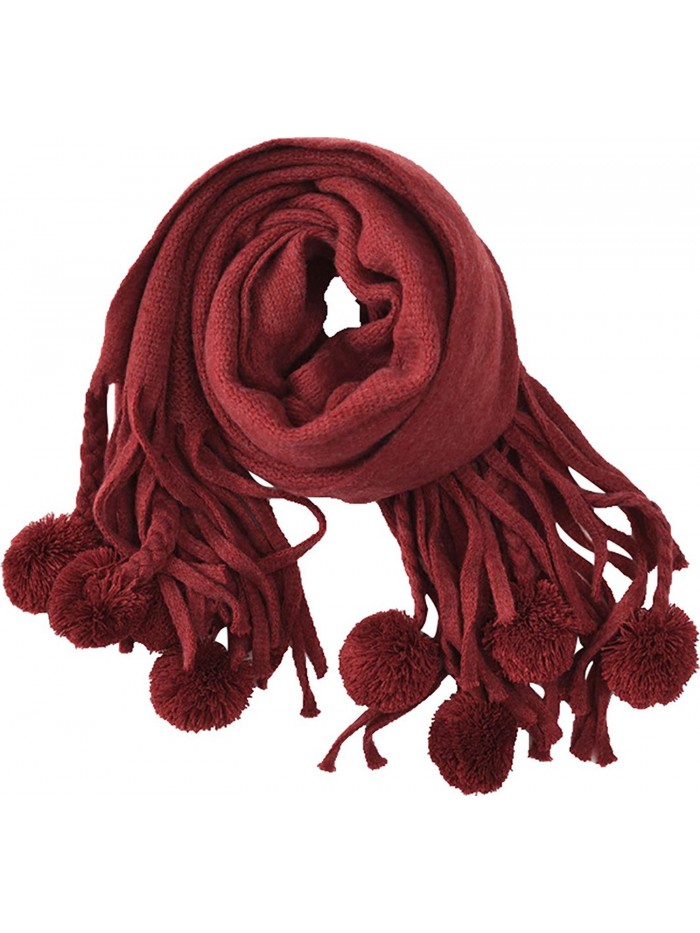 Ababalaya Women's Extra Large 82"&times24" Soft Warm Cashmere Pom Poms Scarf Shawl Wrap - Burgundy - CF188TI4UWL