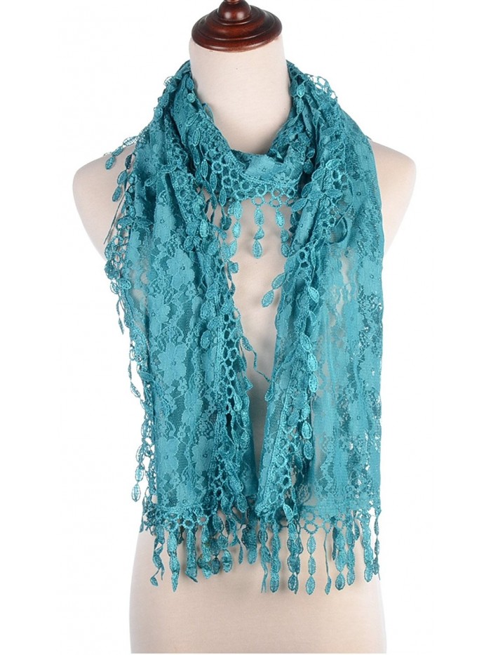 BYOS Womens Fashion Floral Pattern Lace Scarf Shawl With Tassel - Turquoise - C417YKCM2QY