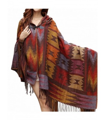 Women Bohemian Collar Plaid Cape Cloak Poncho Jacket Coat Shawl Scarf - Orange - C01288PI4LR