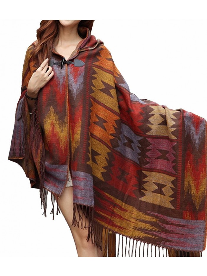 Women Bohemian Collar Plaid Cape Cloak Poncho Jacket Coat Shawl Scarf - Orange - C01288PI4LR