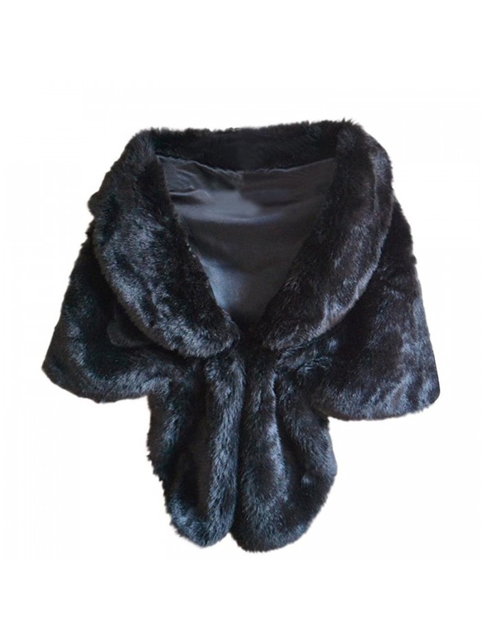 Deamyth Women Faux Fur Long Shawl Stole Wrap Shrug Fox Fur Cape Winter - Black - CD12O7C764B