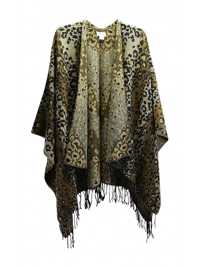 Women's Ruana Wrap Fringed Shawl Open Front Poncho- Chevron and Leopard - Leopard - CX12N81U3OU