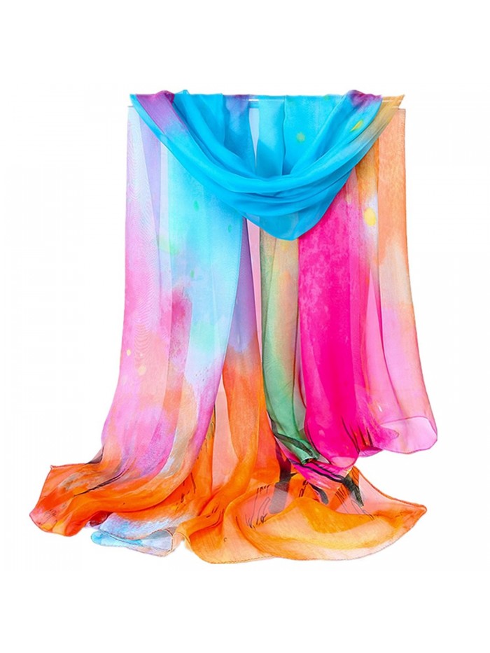 Extra Long Silk Scarf Neck Cover Wrapping Mixed Color Printed Shawl Early Spring - Blue 1 Piece - CF12H0NRZ4F