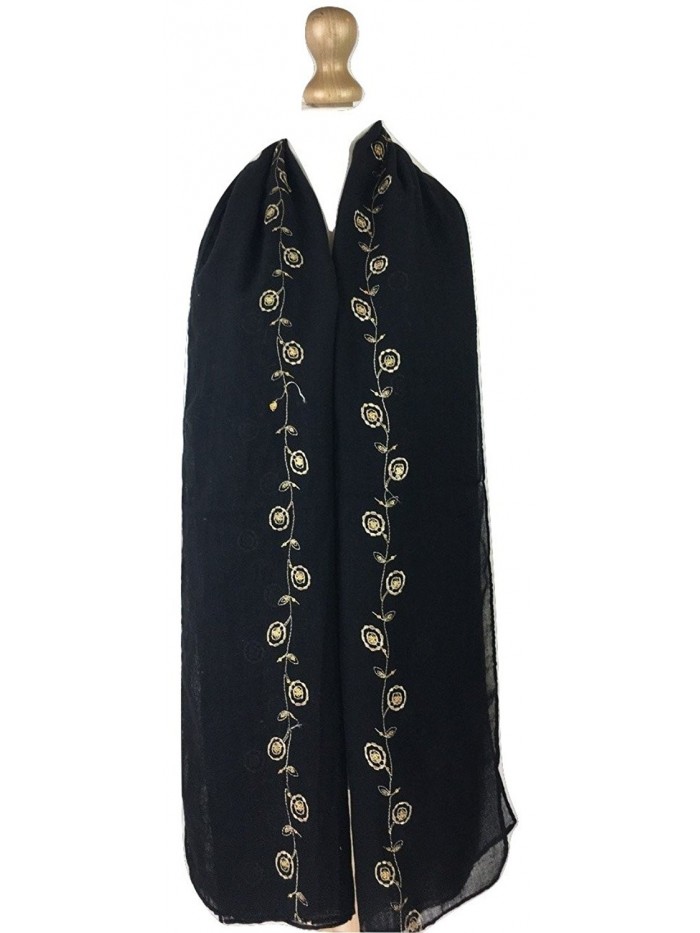 NEW LADIES WOMEN SOFT LARGE GOLD EMBROIDERED LEAF SCARF SHAWL HIJAB - Black - CM12O0UW8TX