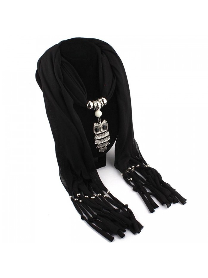 DETALLAN Special Women Necklace Scarves Owl Pendant Jewelry Tassels Scarf Shawl Wrap Black-163cmX39cm - CU12MABWIHF