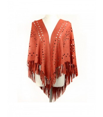 Dikoaina Womens Suede Laser Cut Fringed Cape Shawl Wrap Scarf Small Piece 10 Colors - Red - C217YGLDCTQ