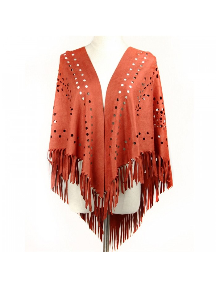 Dikoaina Womens Suede Laser Cut Fringed Cape Shawl Wrap Scarf Small Piece 10 Colors - Red - C217YGLDCTQ