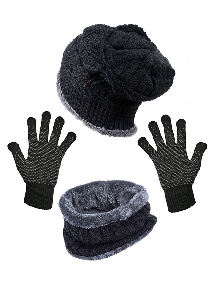 HindaWi Slouchy Beanie Scarves Mittens - Hat+ Scarf+ Gloves (Black) - CG1805YUCQZ