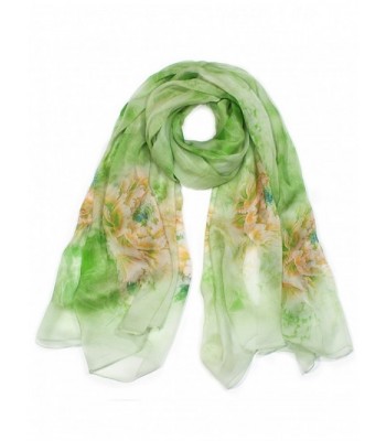 Dahlia Women's 100% Long Sheer Silk Scarf - Colorful Flower Design - Blossom Peony - Green - C812H6USAAD
