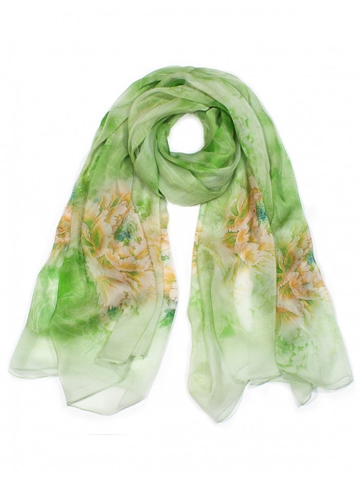 Dahlia Women's 100% Long Sheer Silk Scarf - Colorful Flower Design - Blossom Peony - Green - C812H6USAAD