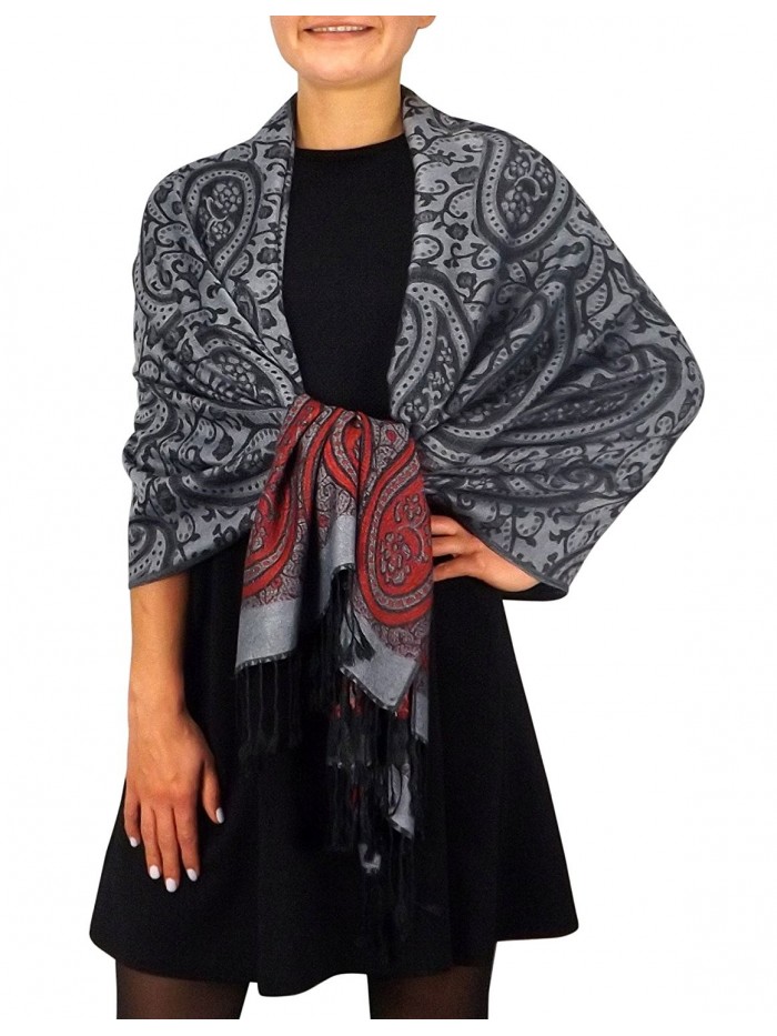 Peach Couture Womens Large Vintage Pashmina Paisley Jacquard Scarf Shawl Wrap - Grey and Red - CM128EX2CHP
