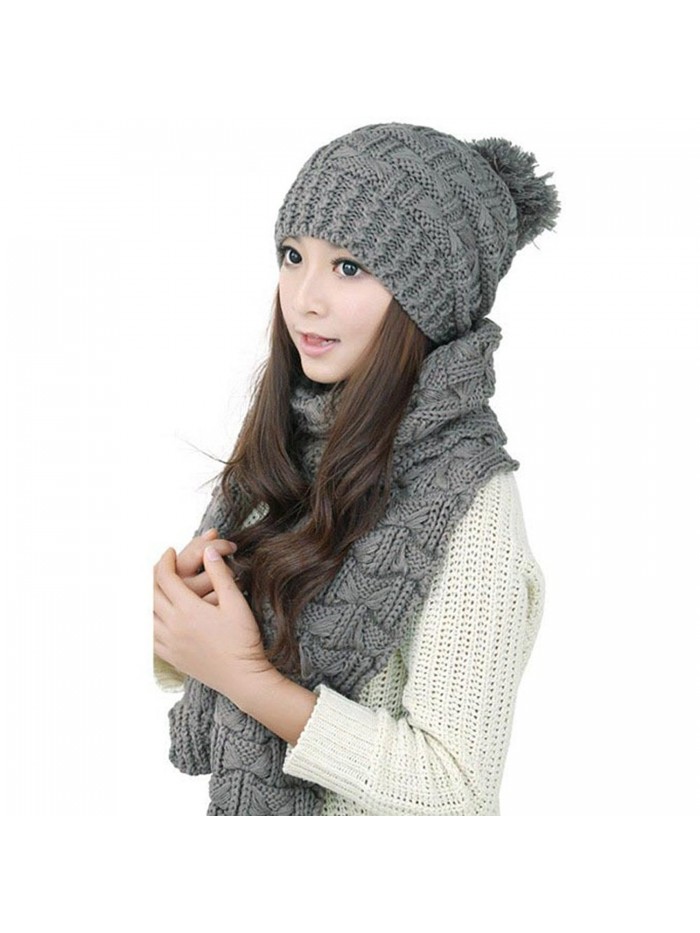 HANERDUN Women Girls Fashion Winter Warm Knitted Hat Beanie Hat Scarf Set - Drak Gray - C012O1JC85L
