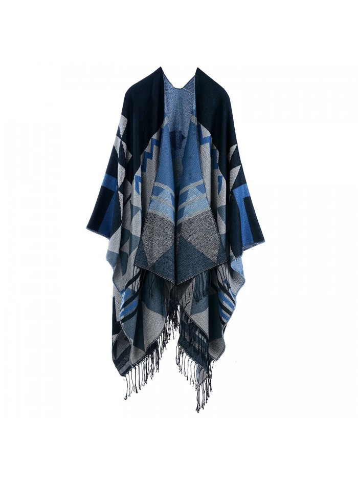 Women's Knitted Cashmere Blanket Poncho Cape Wrap Shawl Cardigans Coat with Tassel - Bohemia Black - CF12N0CHSGA