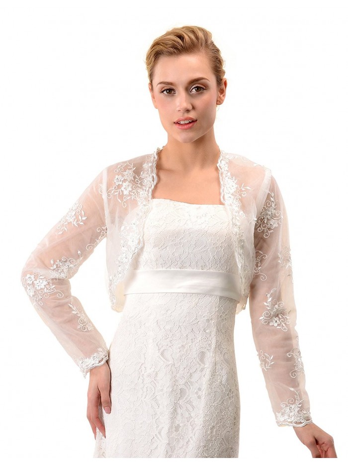 Topwedding Embroidered Ivory Tulle Wedding Bolero Long Sleeves Jacket Shrug - CT11V8BXNY7