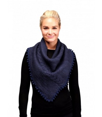 Women's Knitted Loop Tube Infinity Collar Scarf with Pom Poms - Navy - CJ188LEUQYD