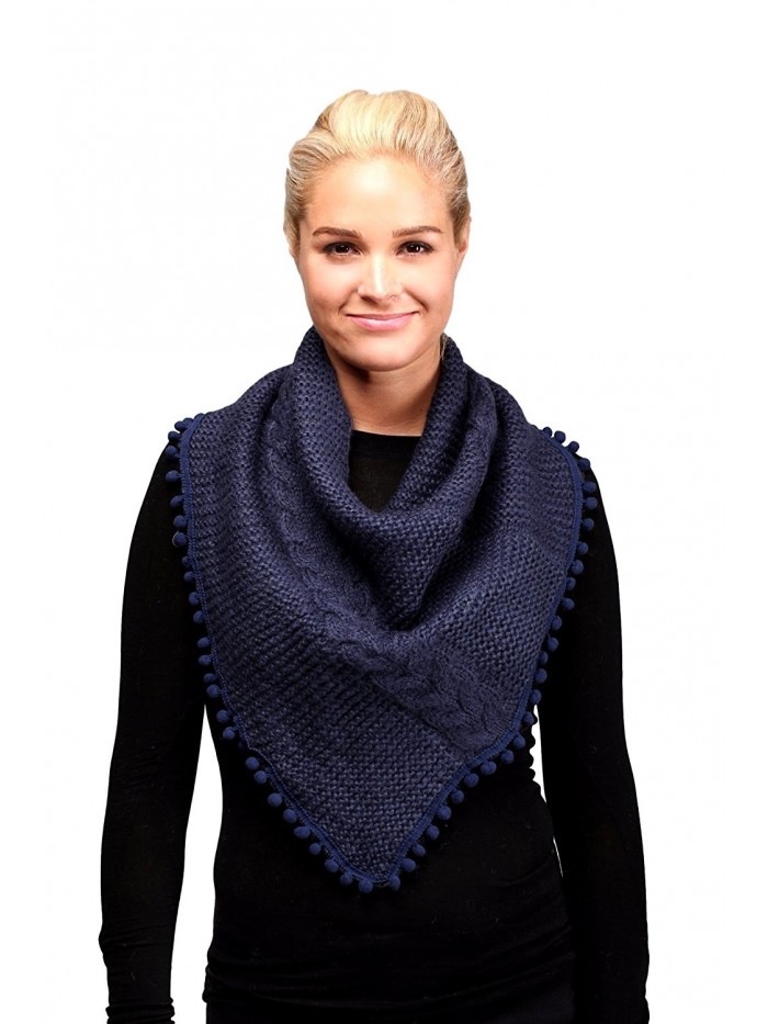 Women's Knitted Loop Tube Infinity Collar Scarf with Pom Poms - Navy - CJ188LEUQYD