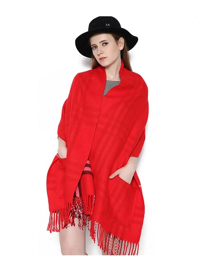 No.66 Town Women's Plaid Thick Warm Long Shawl Ultra Soft Winter Scarf with Pocket - Red - CS12N2H73XO