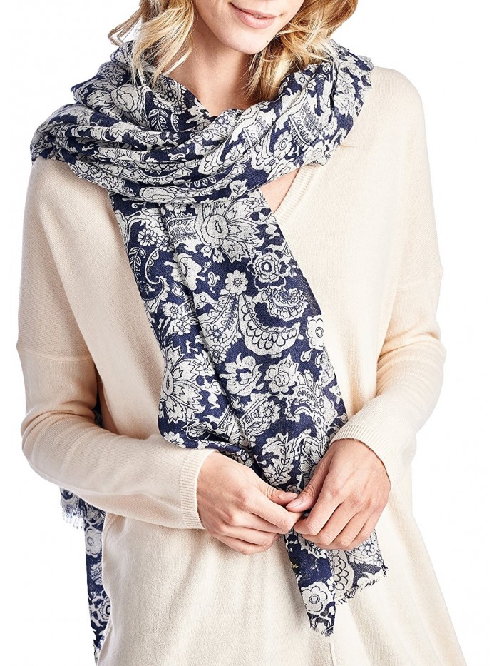 High Style 100% Merino Wool Printed Pashmina Scarf Shawls (Various Colors and Designs) - Navy Print - C2126Y3S9FL