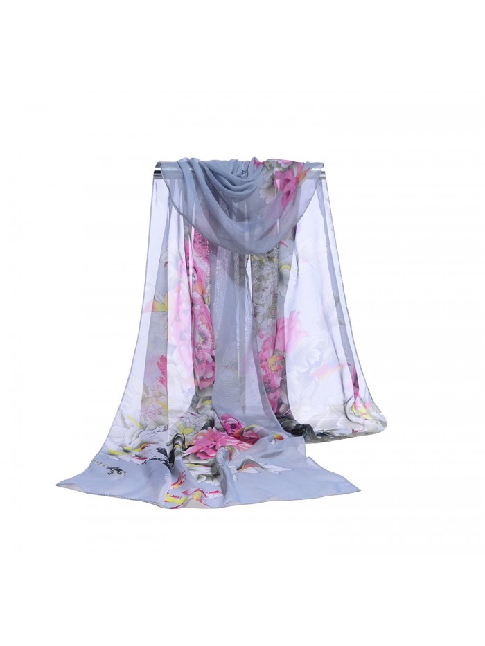 Women Soft Floral Print Shawl Chiffon Sheer Scarf - Greypink - C91886X25AO