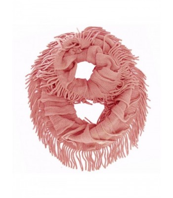 Soft Knit Ruffle Loop Scarf With Fringe - Pink - C811HYQ4SDF