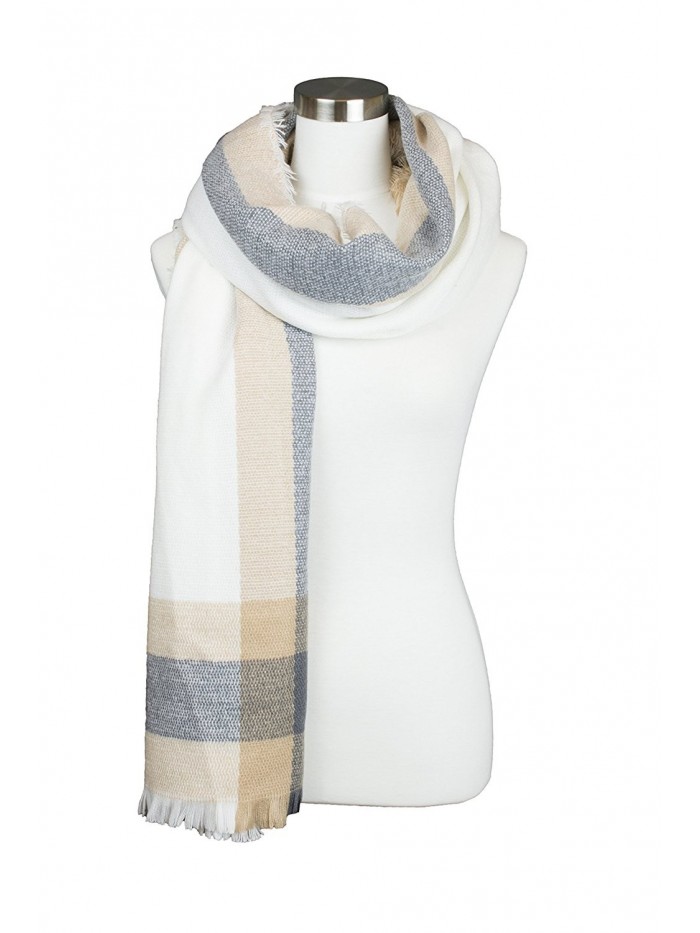 Womens Plaid Multi Line Color Contrast Design Soft Warm Fall Winter Oblong Scarf - Ivory - CF1852EXGQK