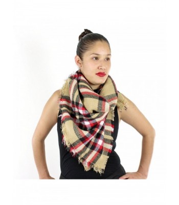 Designer Style Plaid Scarf with Raw Edge - Thick Blanket Khaki - C8129497O7L