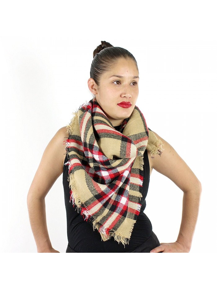 Designer Style Plaid Scarf with Raw Edge - Thick Blanket Khaki - C8129497O7L