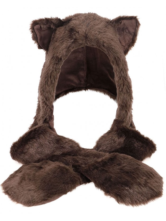 Winter Warm Plush Faux Fur Animal Paws Hat Hoods Gloves Scarf - Bear - CA185W6KOY0