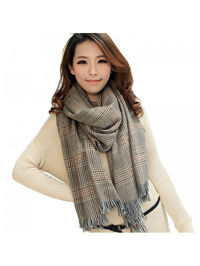 LOCOMO Checker Tartan Plaid Pattern Large Long Scarf Shawl Wrap Tassel FAF082 - Beige - CY11PCU11ML