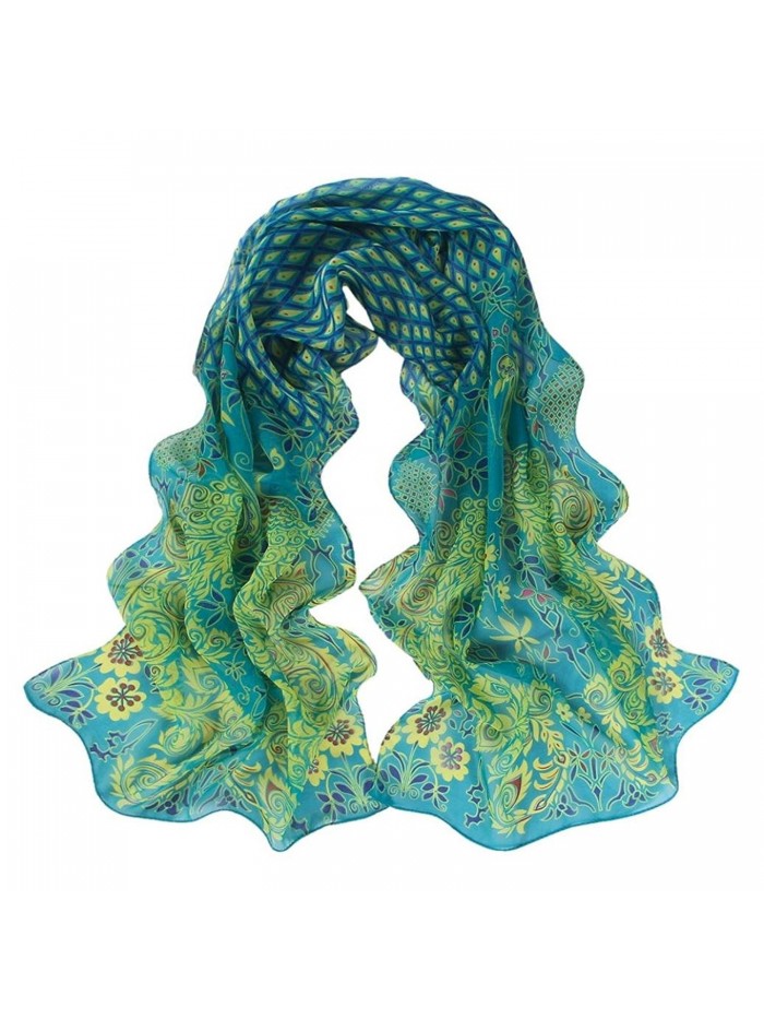 AMA(TM) Women Peacock Pattern Soft Silk Chiffon Scarf Long Wrap Shawl Scarves - Green - CC12OBQO8Y1