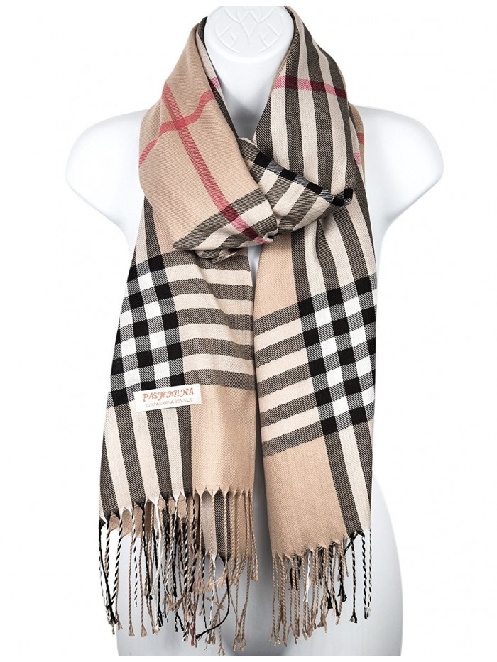 Pashmina Silk Scarf Plaid Checker Pattern Long Soft Shawl Wrap Cape - Beige - CP1870D8Z8D