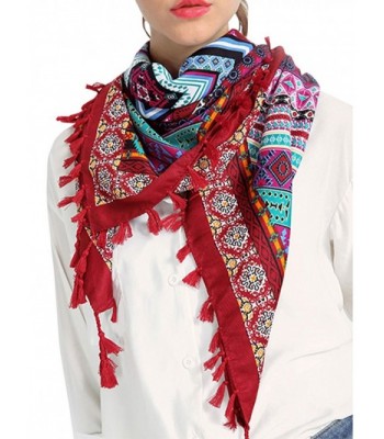 Futurino Women's Ethnic Style Vintage Totem Floral Print Tassel Hem Scarves - Diamond Wine Red - CT17Z4UKNLT