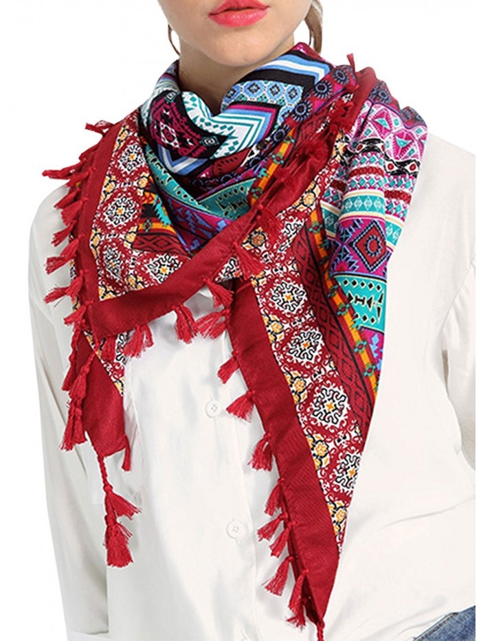 Futurino Women's Ethnic Style Vintage Totem Floral Print Tassel Hem Scarves - Diamond Wine Red - CT17Z4UKNLT