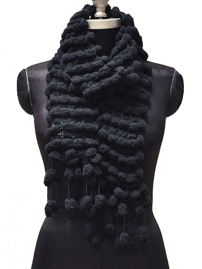 Women's 'Scarf' Chenille Pompom Scarf - Black - CT185XK232G