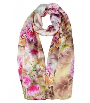 ELEGNA Women's 100% Silk Flower Painting Long Scarf Shawl Hand Rolled Edge - Pink Peony - CG12O0CBTXB