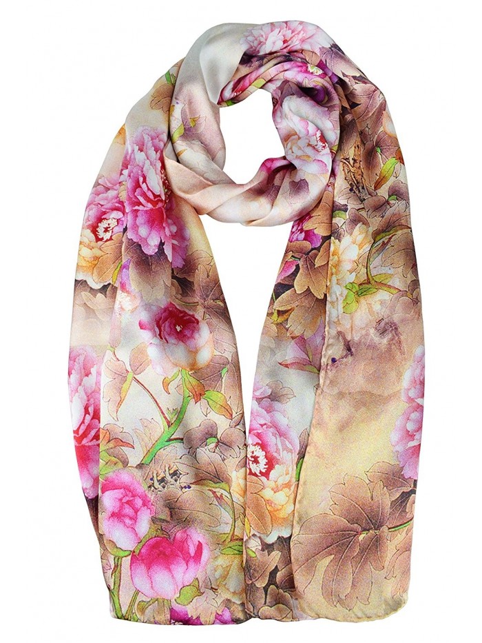 ELEGNA Women's 100% Silk Flower Painting Long Scarf Shawl Hand Rolled Edge - Pink Peony - CG12O0CBTXB